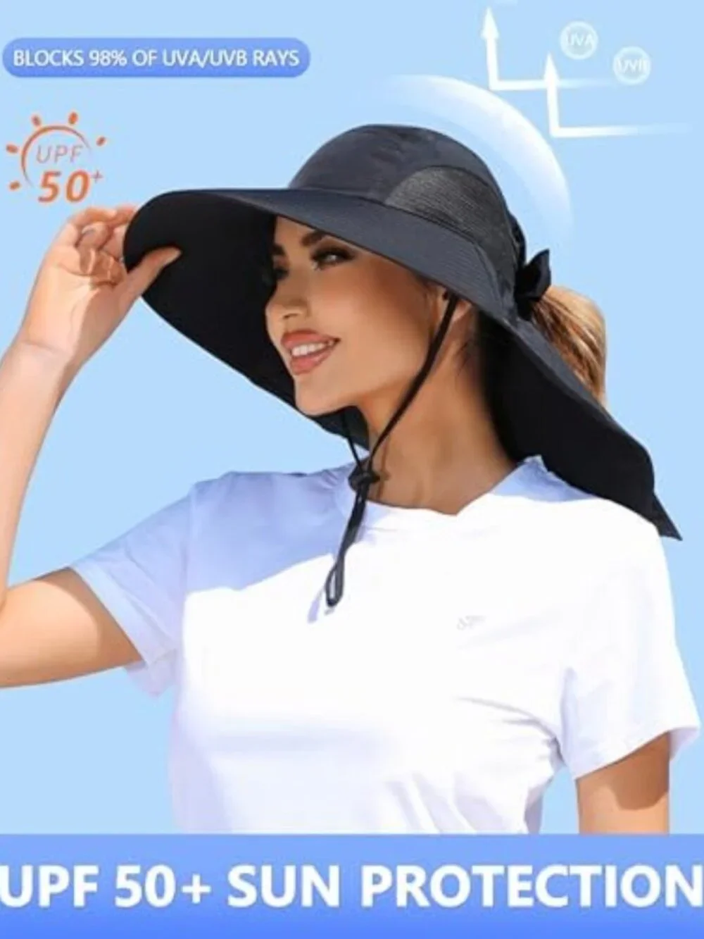 Women's UV Protection Wide Brim Sun Hat with Ponytail Hole & Neck Flap for